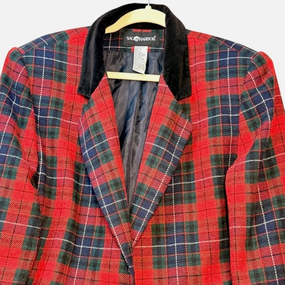 Womens Vintage Tartan Plaid Blazer 16 Red Wool Velvet Collar Sag Harbor Classic